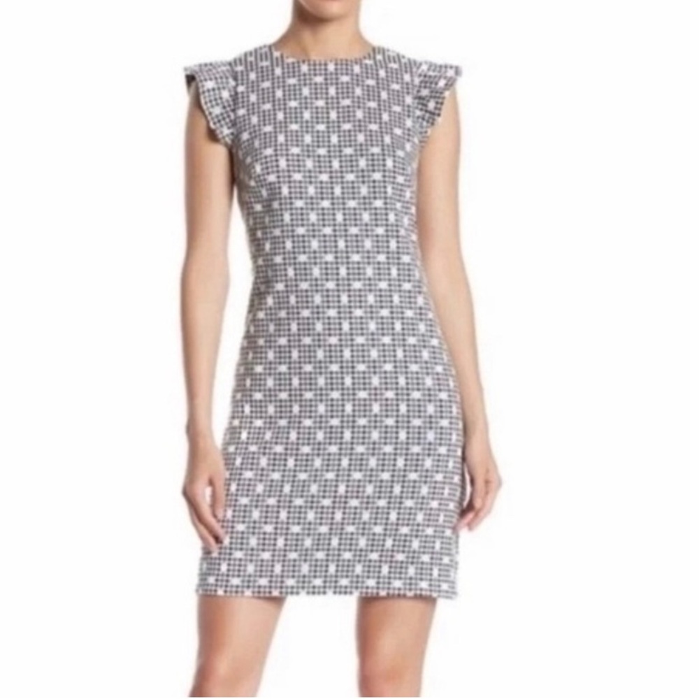 Black and White Patterned Ruffle Sleeve Gingham Dot Shift Dress Size 12 Spring